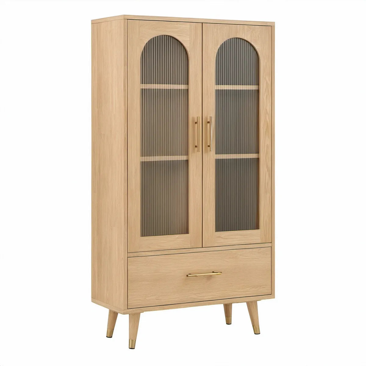 Vitrineskab i naturfarvet eg med riflet gråtonet glas, 2 låger og skuffe, 90 x 40 x 180 cm