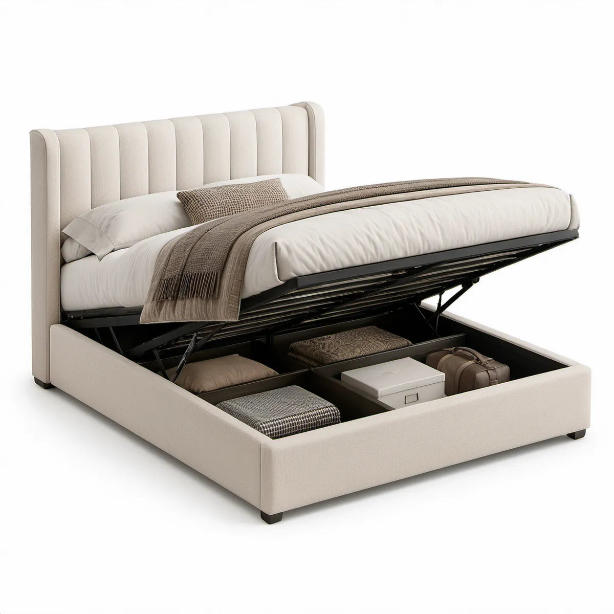 Polstret opbevaringsseng 160 x 200 cm med gasfjederløft – Beige/Sort