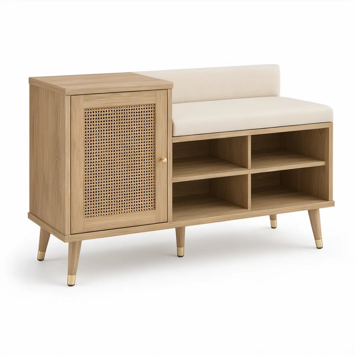 Entrébænk med rattan og opbevaring, natur/beige/guld, 120 x 40 x 85 cm