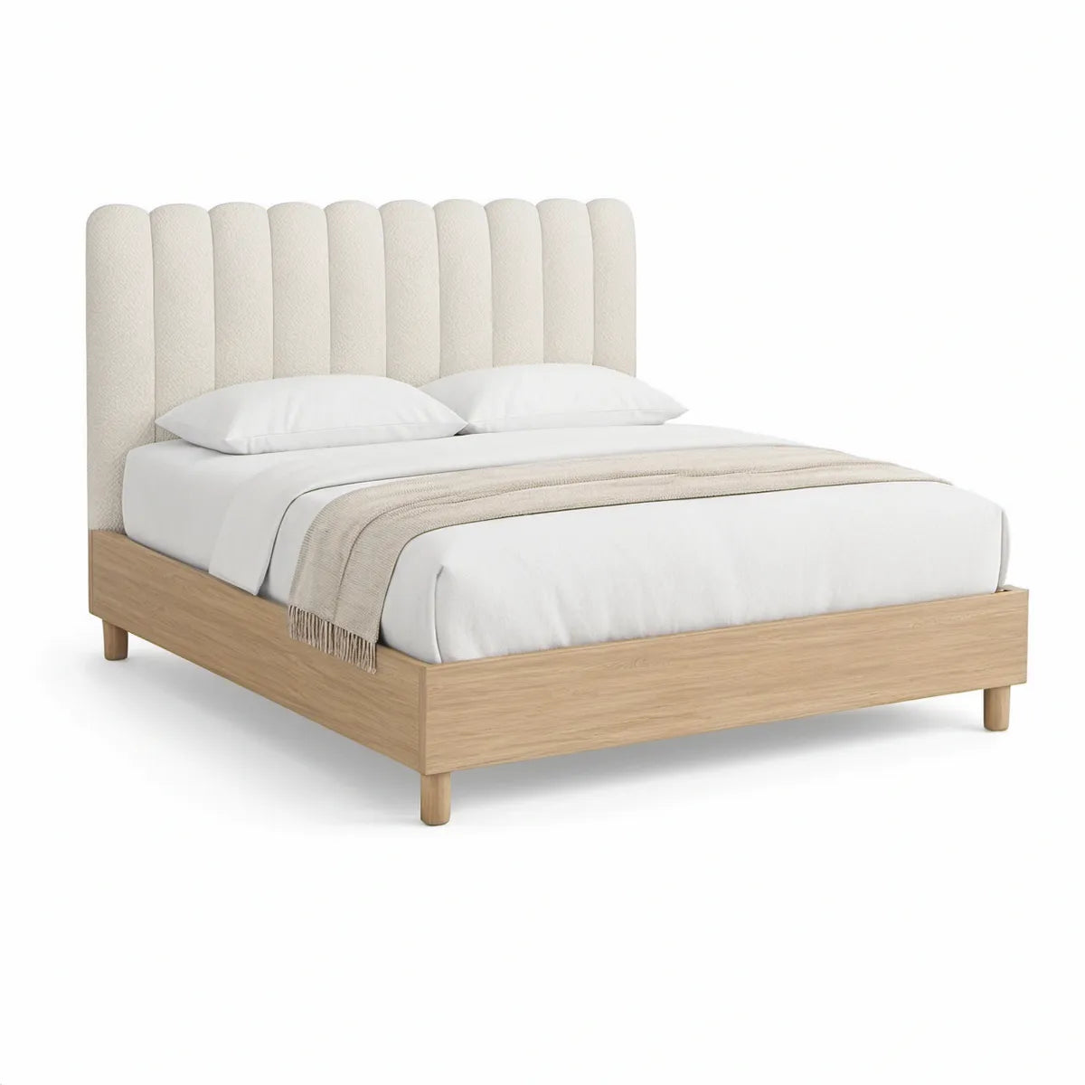 Sengeramme 160 x 200 cm i naturfarvet MDF med cremehvid polstret sengegavl
