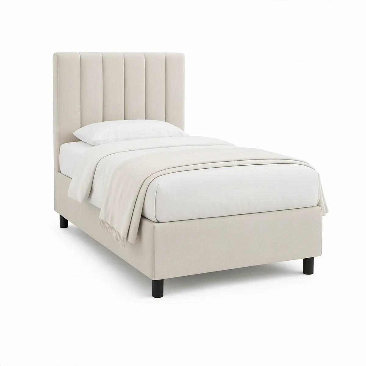 Polstret enkeltseng med lodret kanalpolstret sengegavl, 90 x 200 cm, beige