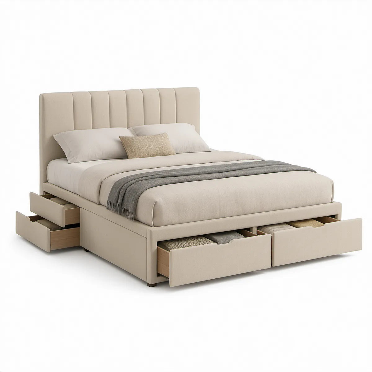 Polstret dobbeltseng med 4 skuffer, 160 x 200 cm, beige