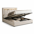 Beige seng med opbevaring, polstret sengegavl, hylde og LED-lys, 180 x 200 cm