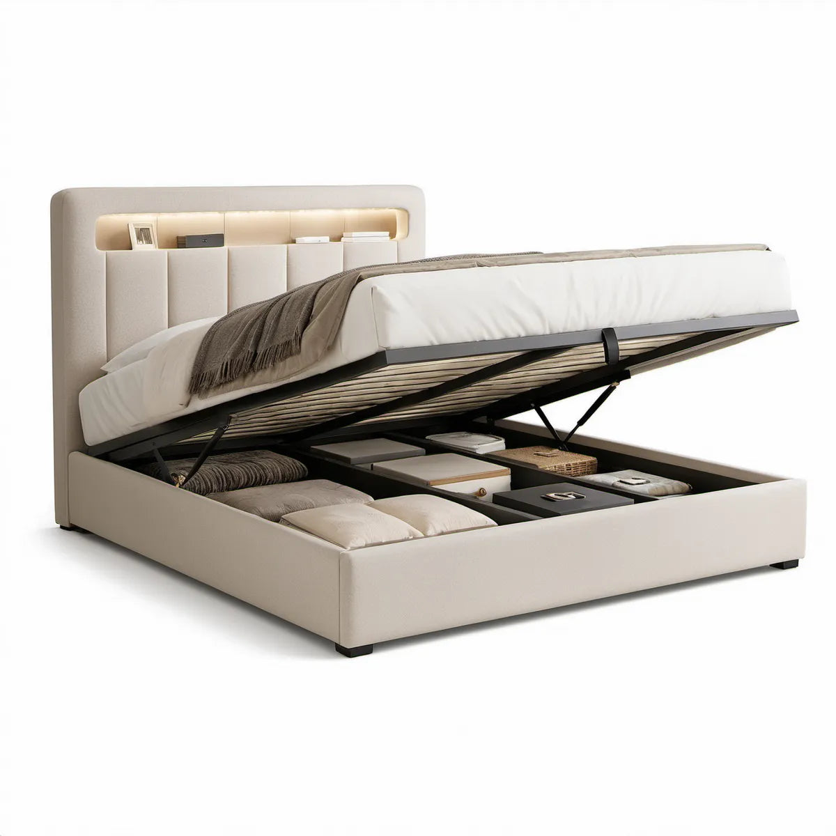 Beige seng med opbevaring, polstret sengegavl, hylde og LED-lys, 180 x 200 cm