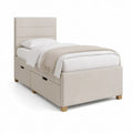 Beige polstret enkeltseng med 2 skuffer, 90 x 200 cm
